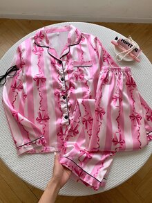 Comfortcana 缎带蝴蝶结印花仿丝翻领睡衣套装，蝴蝶结装饰，秋冬舒适优雅细节 - 彩色 - 查看 5