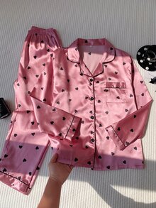 Comfortcana Heart Print Contrast Piping Satin PJ Set / Pajama Set, Fall Clothes Cozy And Elegant Details, Winter - Pink - View 7