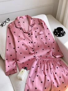 Comfortcana Heart Print Contrast Piping Satin PJ Set / Pajama Set, Fall Clothes Cozy And Elegant Details, Winter - Pink - View 5