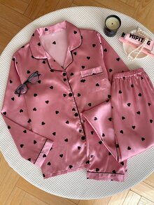 Comfortcana Heart Print Contrast Piping Satin PJ Set / Pajama Set, Fall Clothes Cozy And Elegant Details, Winter - Pink - View 6