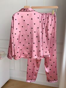 Comfortcana Heart Print Contrast Piping Satin PJ Set / Pajama Set, Fall Clothes Cozy And Elegant Details, Winter - Pink - View 2