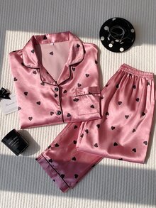 Comfortcana Heart Print Contrast Piping Satin PJ Set / Pajama Set, Fall Clothes Cozy And Elegant Details, Winter - Pink - View 4