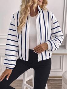 SHEIN LUNE Women's Printed Zip-Up Elastic Long Sleeve Casual Sporty Hooded Sweatshirt Jacket, Autumn/Winter Back-To-School Travel Blue White Striped - Multicolor - View 4
