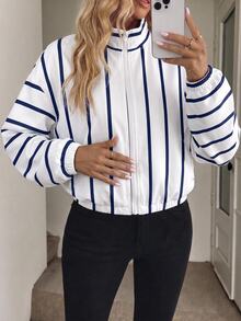 SHEIN LUNE Women's Printed Zip-Up Elastic Long Sleeve Casual Sporty Hooded Sweatshirt Jacket, Autumn/Winter Back-To-School Travel Blue White Striped - Multicolor - View 1