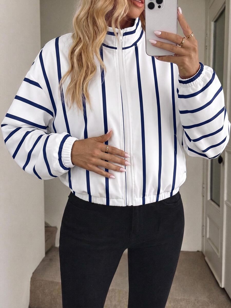 SHEIN LUNE Women's Printed Zip-Up Elastic Long Sleeve Casual Sporty Hooded Sweatshirt Jacket, Autumn/Winter Back-To-School Travel Blue White Striped - Multicolor - View 1