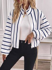 SHEIN LUNE Women's Printed Zip-Up Elastic Long Sleeve Casual Sporty Hooded Sweatshirt Jacket, Autumn/Winter Back-To-School Travel Blue White Striped - Multicolor - View 2