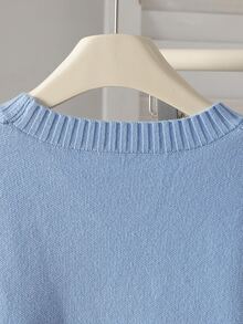SHEIN Girls Floral Pattern Crew Neck Knit Sweater, Loose Fit Cute Pullover, Soft Fall Tops, Christmas Halloween Daily School Travel Holiday Party Wear - Baby Blue - View 7