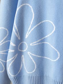 SHEIN Girls Floral Pattern Crew Neck Knit Sweater, Loose Fit Cute Pullover, Soft Fall Tops, Christmas Halloween Daily School Travel Holiday Party Wear - Baby Blue - View 4