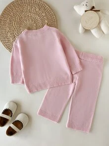 SHEIN 女嬰可愛蝴蝶結裝飾純色軟綿高品質細節秋冬必備甜美風簡約休閒百搭韓系可愛小公主風粉色調適合度假家庭聚會遊樂園聖誕旅行居家遊戲嬰兒毛衣褲子套裝秋冬熱銷 - 淺粉色 - 查看 2