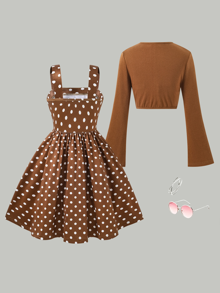 SHEIN Tween Girls Cute Elegant Sophisticated High-End Dress With Cardigan Shawl, Autumn/Winter Outfit, Back To School, Polka Dots,Knit, Loose,95%Cotton - Multicolor - View 2