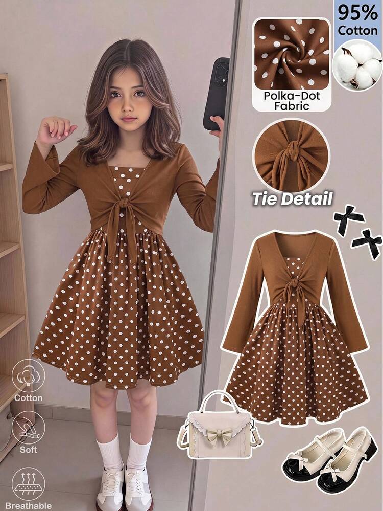 SHEIN Tween Girls Cute Elegant Sophisticated High-End Dress With Cardigan Shawl, Autumn/Winter Outfit, Back To School, Polka Dots,Knit, Loose,95%Cotton - Multicolor - View 7