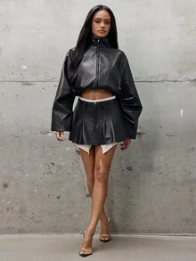 Denimoi Faux Leather Shirting Layered Micro Mini Skirt Sexy Fashion Skirts Fashionable Streetwear - Black - View 5