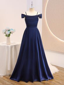 1件女款春夏海軍藍緞面洋裝，優雅奢華風格，適合派對、主持，高端熱銷款式 - 藏蓝色 - 查看 5