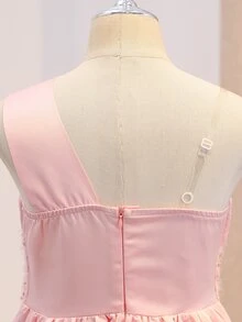 女童法式奢華粉色緞面不對稱領口亮片中長晚禮服，柔和灰粉色啞光 3D 大蝴蝶結裝飾大裙擺優雅洋裝 - 粉色 - 查看 7