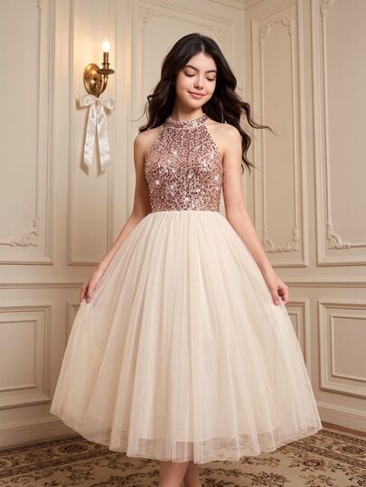 Mädchen Champagner Perlenbesetztes langes Abendkleid, Herbst/Winter Bankett Exklusives Mesh Kleid, eleganter Stil Kinderkleidung