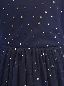Girls' One-Shoulder Star & Moon Tulle Dress, Puffy Navy Blue Mesh Party Dress - Navy Blue - View 3