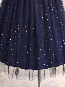 Girls' One-Shoulder Star & Moon Tulle Dress, Puffy Navy Blue Mesh Party Dress - Navy Blue - View 6
