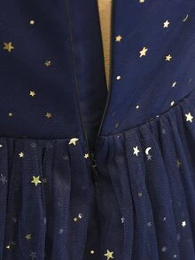 Girls' One-Shoulder Star & Moon Tulle Dress, Puffy Navy Blue Mesh Party Dress - Navy Blue - View 7