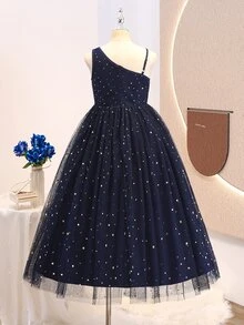 Girls' One-Shoulder Star & Moon Tulle Dress, Puffy Navy Blue Mesh Party Dress - Navy Blue - View 2