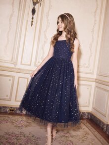 Girls' One-Shoulder Star & Moon Tulle Dress, Puffy Navy Blue Mesh Party Dress - Navy Blue - View 1