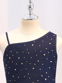 Girls' One-Shoulder Star & Moon Tulle Dress, Puffy Navy Blue Mesh Party Dress - Navy Blue - View 4