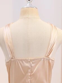 女童優雅夏季米色掛脖緞面修身正式禮服，派對伴娘、婚禮、花童適用 - 杏色 - 查看 7