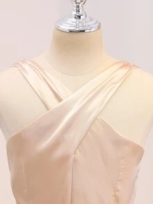 女童優雅夏季米色掛脖緞面修身正式禮服，派對伴娘、婚禮、花童適用 - 杏色 - 查看 3
