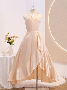 女童優雅夏季米色掛脖緞面修身正式禮服，派對伴娘、婚禮、花童適用 - 杏色 - 查看 2