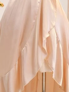 女童優雅夏季米色掛脖緞面修身正式禮服，派對伴娘、婚禮、花童適用 - 杏色 - 查看 5