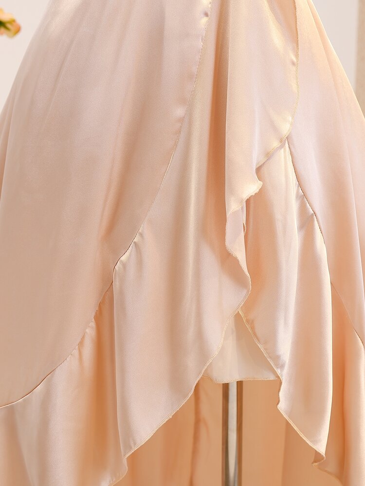 Girls' Elegant Luxurious Summer Apricot Halter Neck Satin Fitted Formal Dress, Suitable For Evening Party, Banquet, Christmas, Wedding, Flower Girl, Prom, Vacation, Graduation, Back To School And Other Occasions - Apricot - View 5