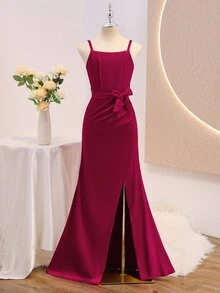 女童優雅奢華夏季酒紅色緞面蝴蝶結修身正式禮服，適合晚宴、宴會、聖誕節、婚禮、花童、舞會、度假、畢業季、返校及其他場合 - 酒紅色 - 查看 2