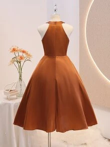 SHEIN 少女優雅奢華夏季棕色系緞面修身正式花童禮服，適合晚宴、宴會、感恩節、婚禮 - 棕色 - 查看 5