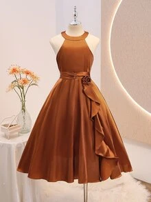 SHEIN 少女優雅奢華夏季棕色系緞面修身正式花童禮服，適合晚宴、宴會、感恩節、婚禮 - 棕色 - 查看 2