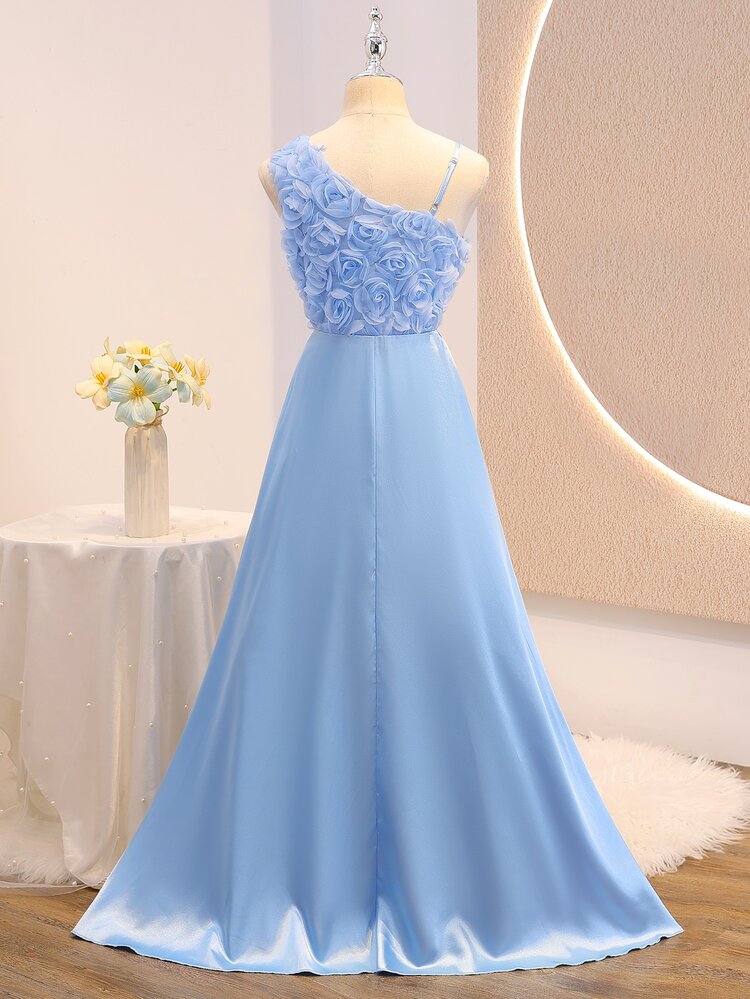 Wedding Season Girls Elegant Sweet One-Shoulder 3D Flower Patchwork Satin Waist-Cinching Full Skirt Long Dress For Prom, Performance, Birthday Party, Banquet, All Seasons - Blue - View 2