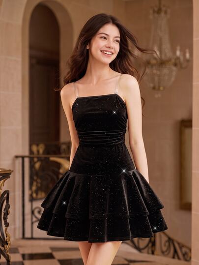 Girls Black Strapless Velvet Dress, Shiny Evening Gown, Autumn/Winter New Style, Bodycon Skirt