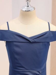 四季畢業季婚禮花童優雅舞會禮服，深藍色披肩式細肩帶背心上衣不對稱下擺晚禮服，女童返校時尚泡泡袖公主裙 - 藍色 - 查看 6
