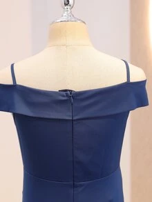 四季畢業季婚禮花童優雅舞會禮服，深藍色披肩式細肩帶背心上衣不對稱下擺晚禮服，女童返校時尚泡泡袖公主裙 - 藍色 - 查看 8