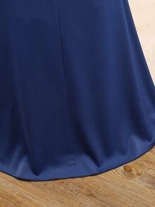 四季畢業季婚禮花童優雅舞會禮服，深藍色披肩式細肩帶背心上衣不對稱下擺晚禮服，女童返校時尚泡泡袖公主裙 - 藍色 - 查看 9