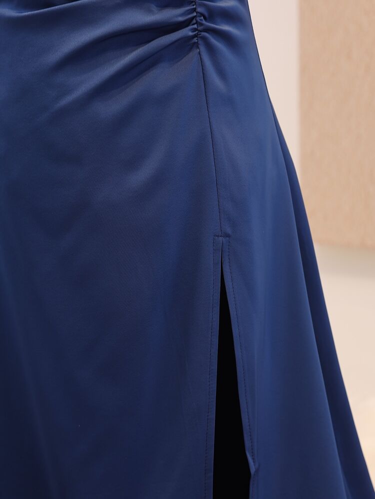 Four Seasons Graduation Season Wedding Flower Girl Elegant Ball Gown Dress, Deep Blue Shawl Strap Tank Top Asymmetrical Hemline Evening Gown, Girls Back To School Fashion Puff Princess Dress - Blue - View 4