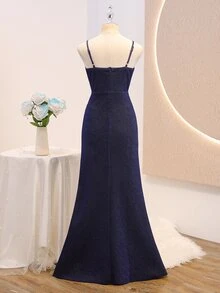 四季畢業季婚禮正式舞會花童優雅舞會禮服，海軍藍亮片面料細肩帶背心式不對稱下擺 - 藍色 - 查看 2