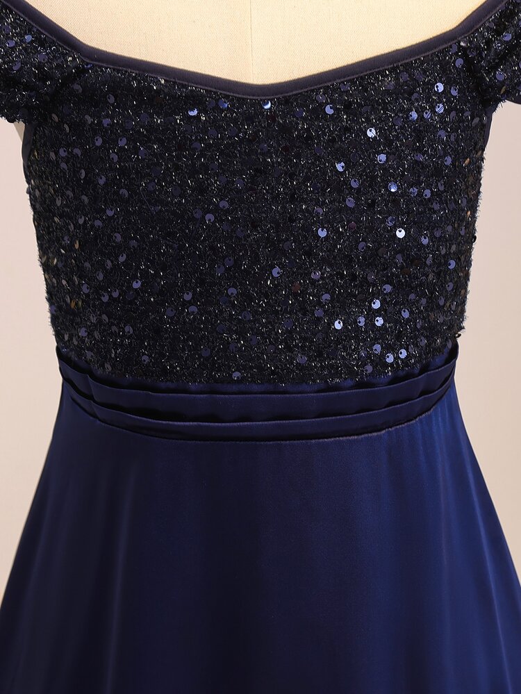 Wedding Season Girls' Premium Sequin Patchwork Satin Square Neck Short Sleeve Cinched Waist Full Skirt Slit Long Dress For Prom, Performance, Birthday Party, Banquet, All Seasons, Autumn Back To School - Navy Blue - View 3