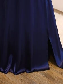 女童婚禮正式畢業禮服 海軍藍 夏季優雅亮片拼接緞面方領短袖收腰開衩大裙擺長洋裝 - 藏蓝色 - 查看 8