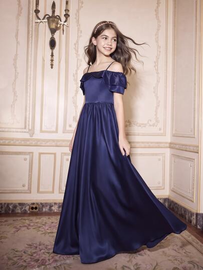 Wedding Season Girls' Premium Satin Off Shoulder Layered Ruffle Waist-Cinched Full Skirt Long Dress For Prom, Performance, Birthday Party, Banquet, Evening Gala, All Seasons