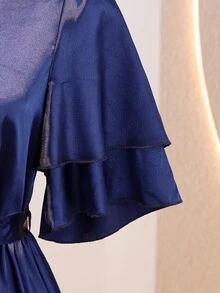 Teen Girls Premium Satin Round Neck Layered Ruffle Sleeve Cinched Waist Flared Mid-Length Dress For Prom, Performance, Birthday Party, Banquet, Evening Party, All Seasons, Autumn, School, Back To School, Holiday - Navy Blue - View 4