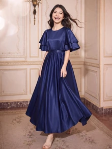 Teen Girls Premium Satin Round Neck Layered Ruffle Sleeve Cinched Waist Flared Mid-Length Dress For Prom, Performance, Birthday Party, Banquet, Evening Party, All Seasons, Autumn, School, Back To School, Holiday - Navy Blue - View 9