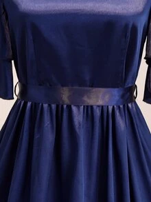 Teen Girls Premium Satin Round Neck Layered Ruffle Sleeve Cinched Waist Flared Mid-Length Dress For Prom, Performance, Birthday Party, Banquet, Evening Party, All Seasons, Autumn, School, Back To School, Holiday - Navy Blue - View 5