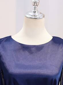 Teen Girls Premium Satin Round Neck Layered Ruffle Sleeve Cinched Waist Flared Mid-Length Dress For Prom, Performance, Birthday Party, Banquet, Evening Party, All Seasons, Autumn, School, Back To School, Holiday - Navy Blue - View 3
