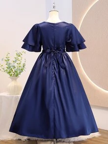 Teen Girls Premium Satin Round Neck Layered Ruffle Sleeve Cinched Waist Flared Mid-Length Dress For Prom, Performance, Birthday Party, Banquet, Evening Party, All Seasons, Autumn, School, Back To School, Holiday - Navy Blue - View 2