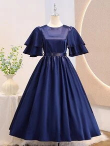 Teen Girls Premium Satin Round Neck Layered Ruffle Sleeve Cinched Waist Flared Mid-Length Dress For Prom, Performance, Birthday Party, Banquet, Evening Party, All Seasons, Autumn, School, Back To School, Holiday - Navy Blue - View 6