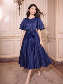 Teen Girls Premium Satin Round Neck Layered Ruffle Sleeve Cinched Waist Flared Mid-Length Dress For Prom, Performance, Birthday Party, Banquet, Evening Party, All Seasons, Autumn, School, Back To School, Holiday - Navy Blue - View 1